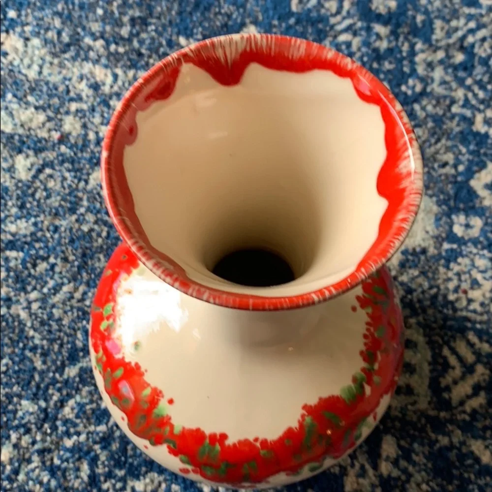 Vintage cream red green poppy mid century modern vase
